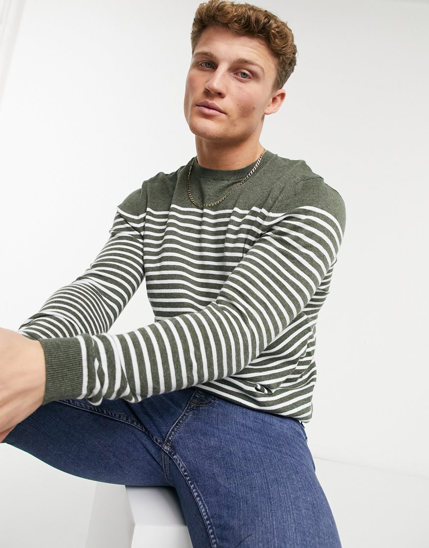 ASOS DESIGN knitted breton stripe jumper in khaki | ASOS Style Feed