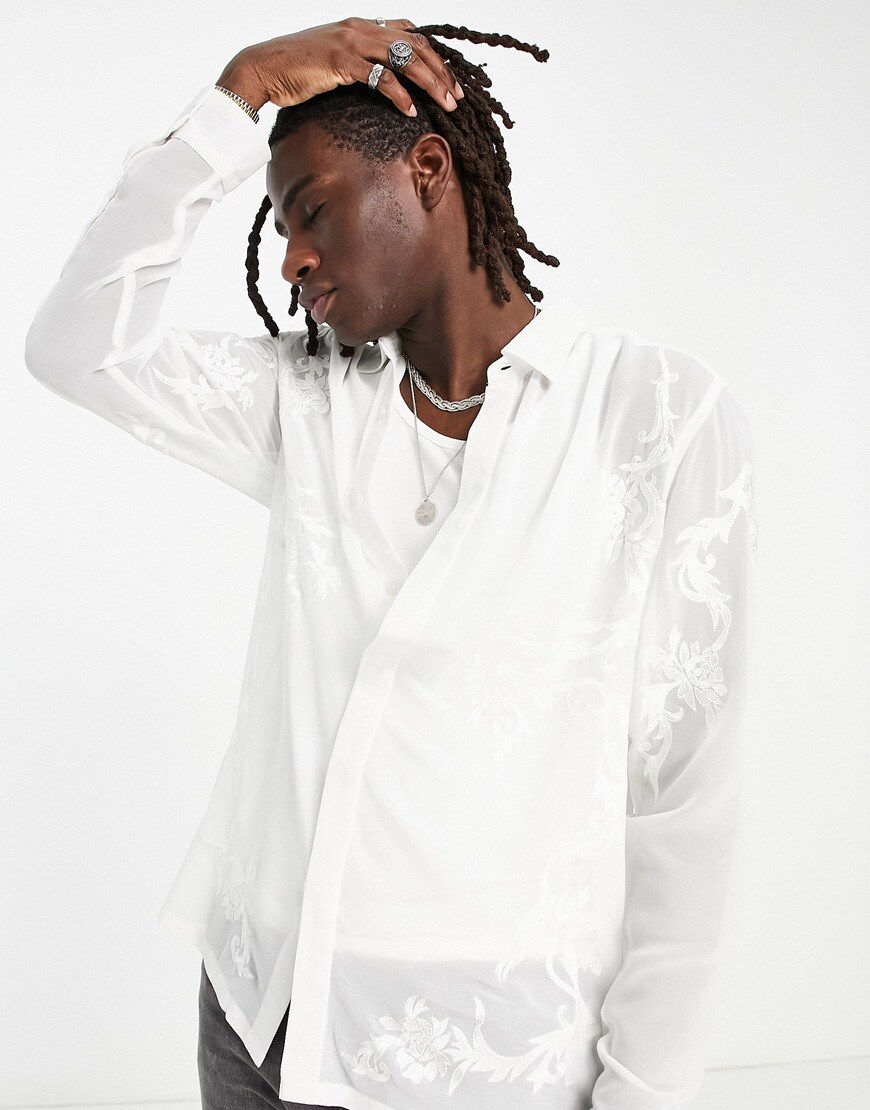 ASOS DESIGN regular satin shirt in off white with embroidered front panel detail | ASOS Style Feed