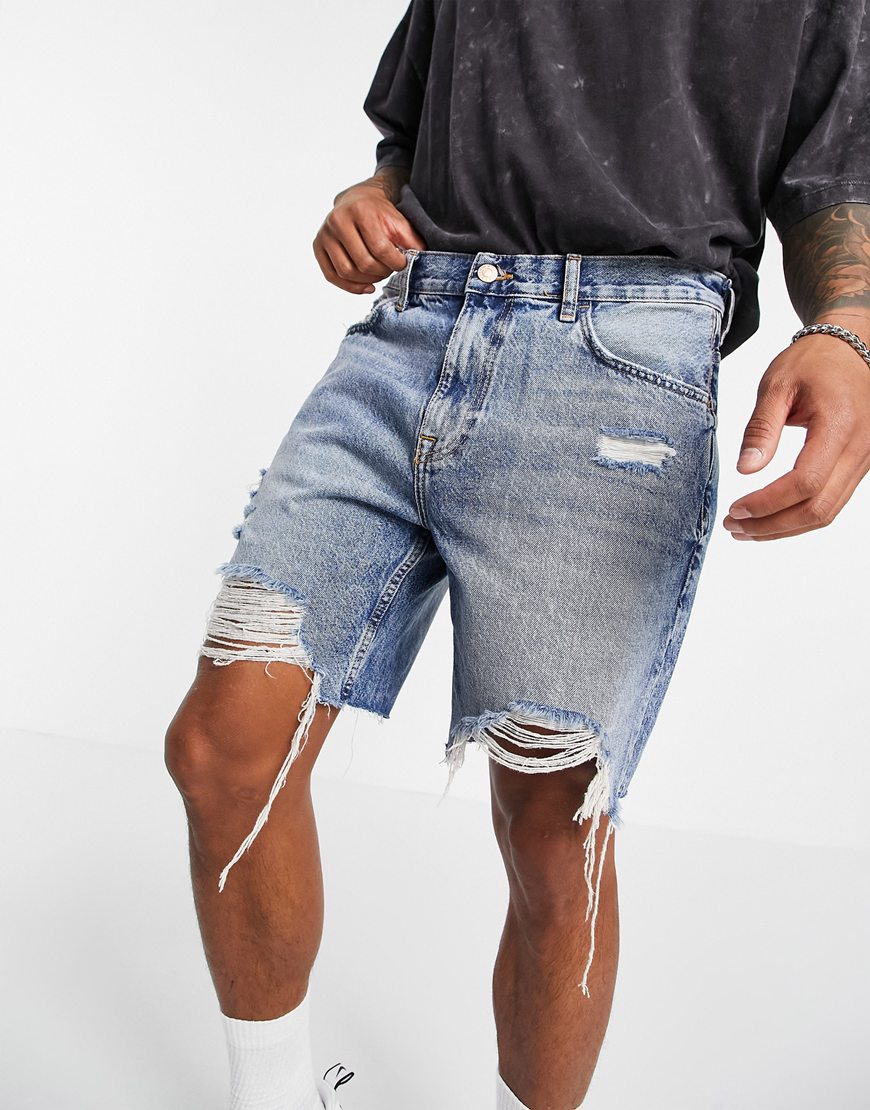 Bershka slim fit denim shorts with rips in blue | ASOS Style Feed