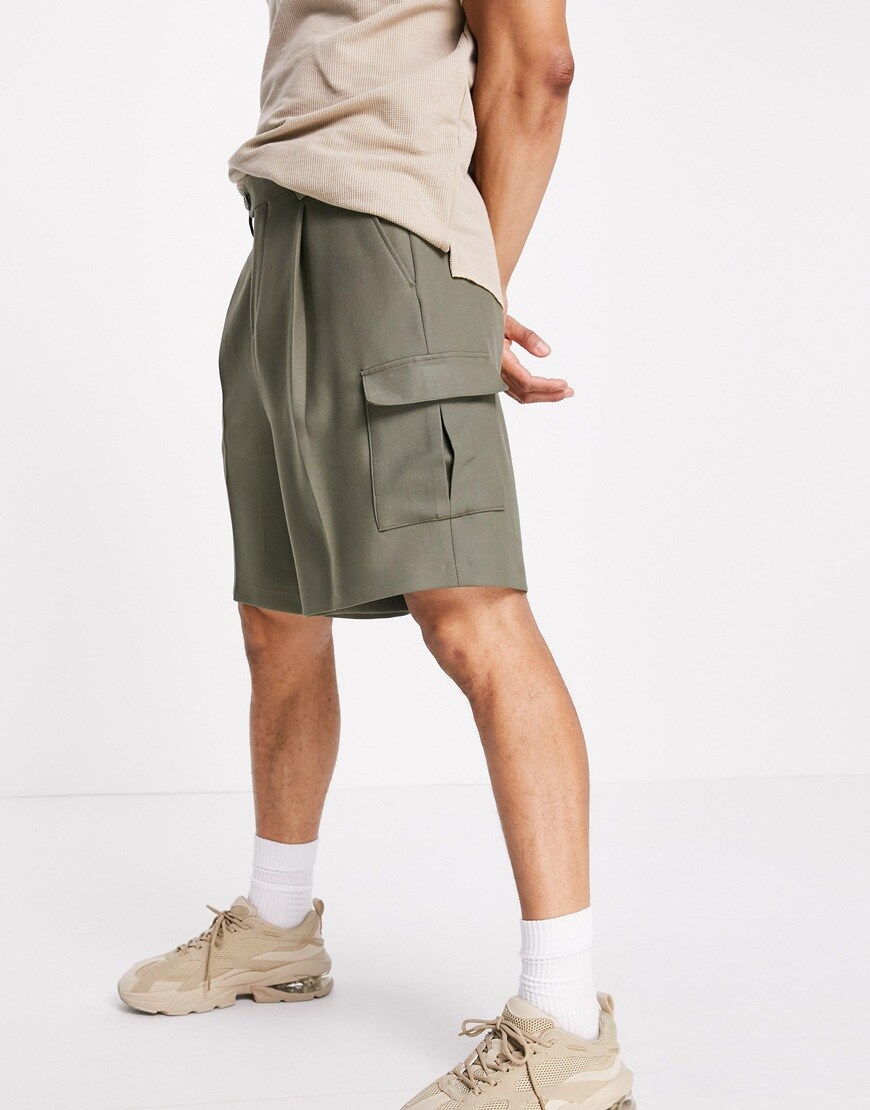 ASOS DESIGN wide leg cargo shorts in green crepe | ASOS Style Feed