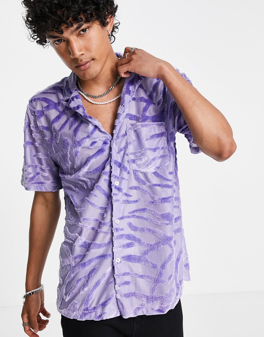 ASOS DESIGN relaxed revere shirt in purple animal velvet burnout | ASOS Style Feed