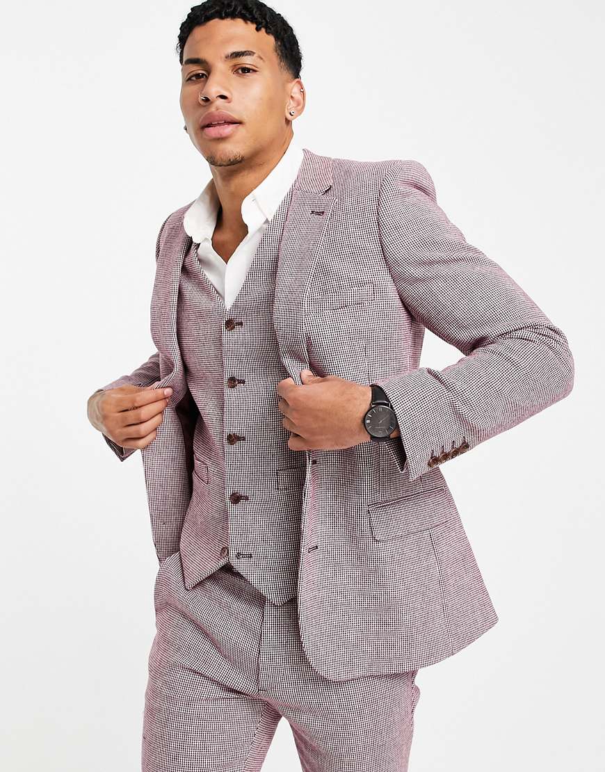 ASOS DESIGN wedding super skinny wool mix suit in burgundy puppytooth | ASOS Style Feed