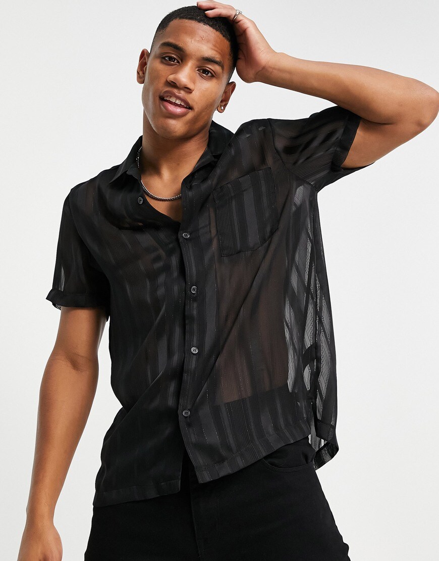 Model poses in a black striped mesh shirt. | ASOS Style Feed
