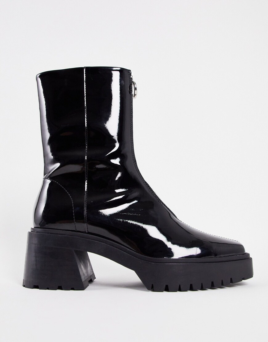 ASOS DESIGN chunky heeled square toe zip front chelsea boot in black patent leather | ASOS Style Feed