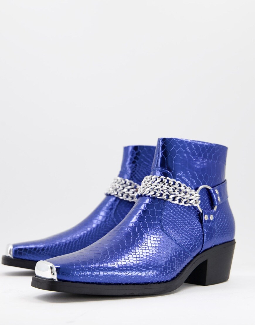 ASOS DESIGN cuban heel western chelsea boots in blue patent with silver chain | ASOS Style Feed