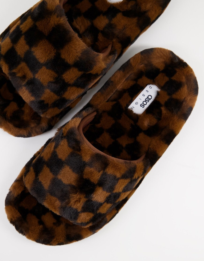 ASOS DESIGN chunky slipper in brown checkerboard faux fur | ASOS Style Feed