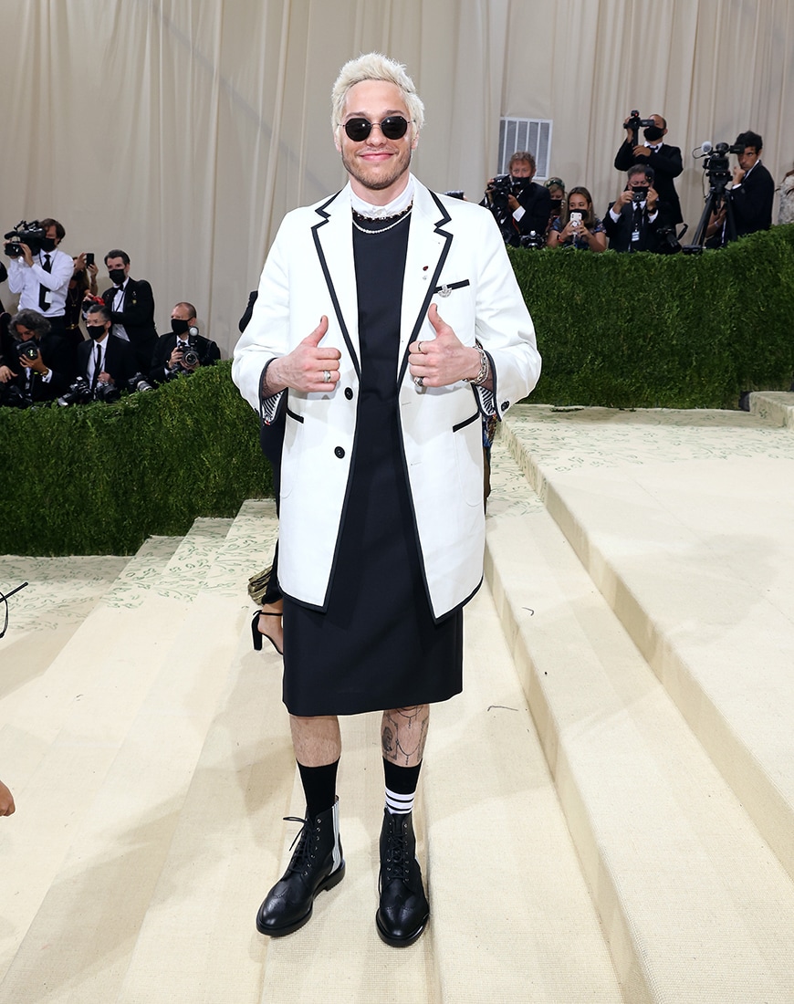 Pete Davidson in a black and white outfit at the Met Gala