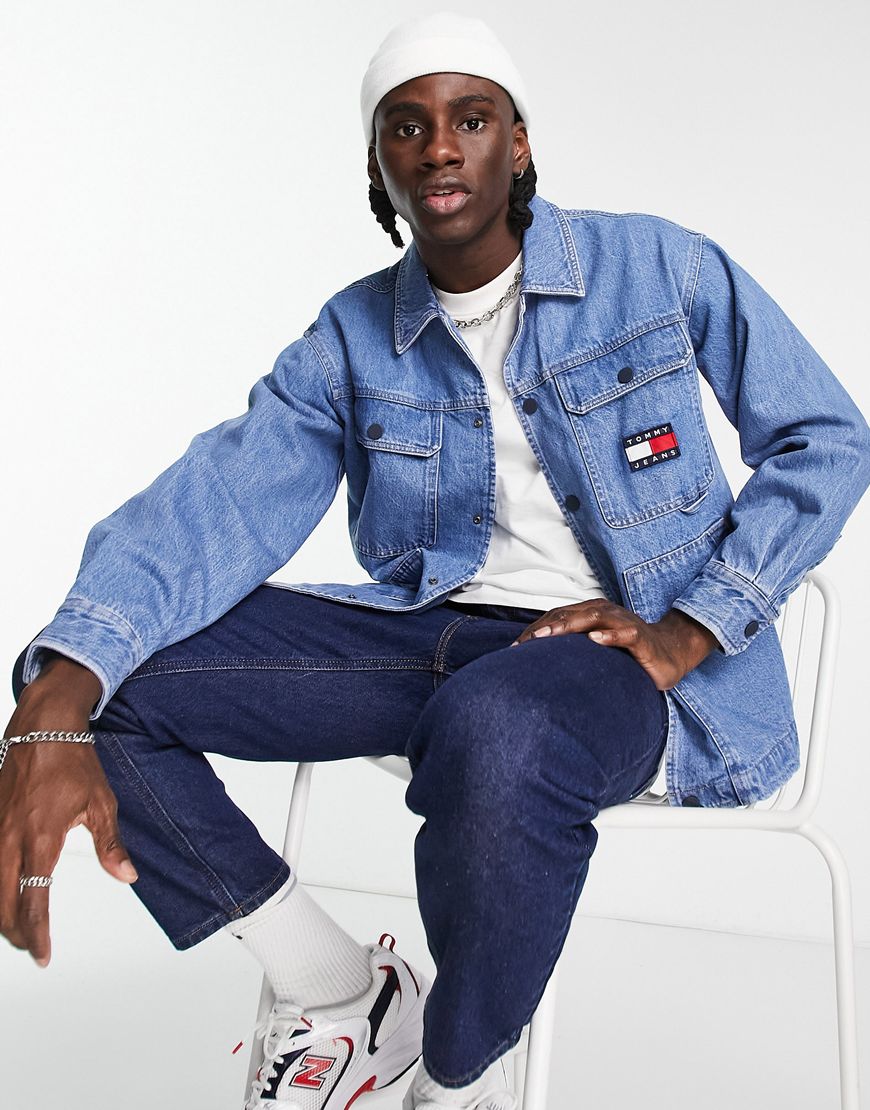 Tommy Jeans badge logo denim overshirt jacket in mid wash | ASOS Style Feed