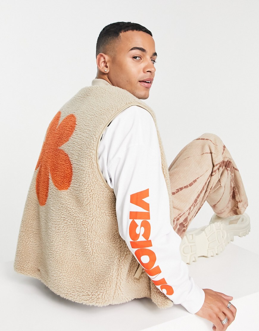 ASOS DESIGN gilet in ecru borg with contrast orange flower embroidery | ASOS Style Feed