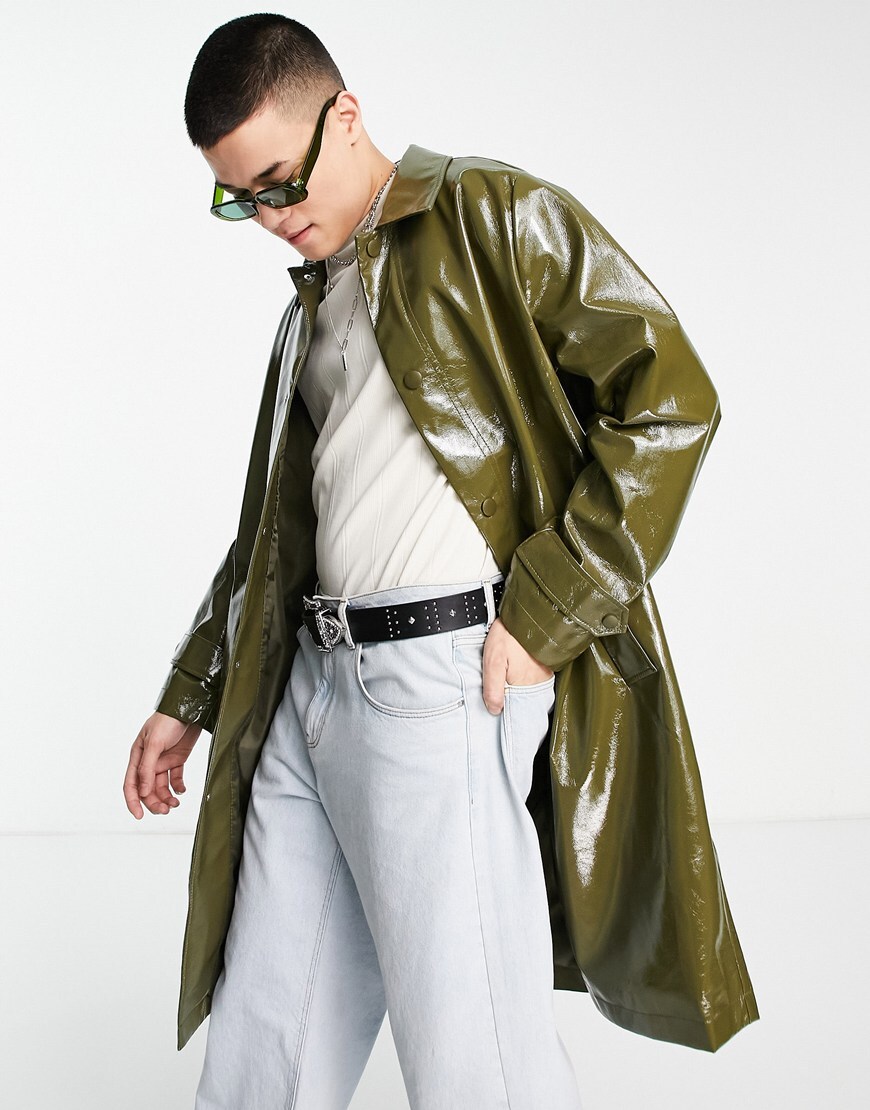 ASOS DESIGN longline oversized trench coat in khaki faux leather vinyl | ASOS Style Feed