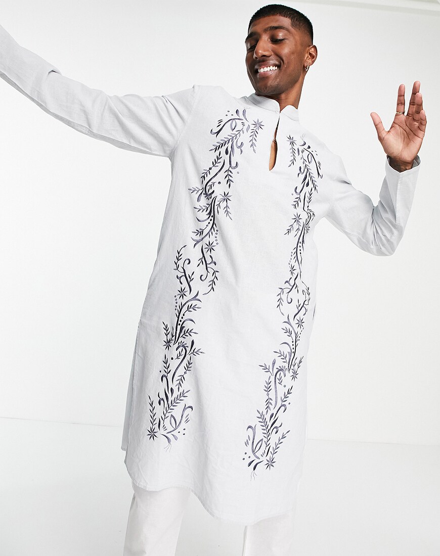 ASOS DESIGN kurta longline shirt with hand embellishment in blue linen mix | ASOS Style Feed