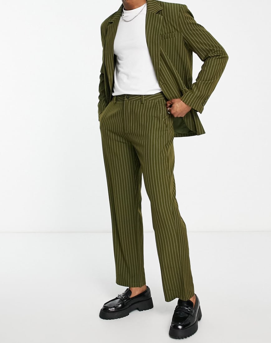 A pair of green pinstripe trousers.