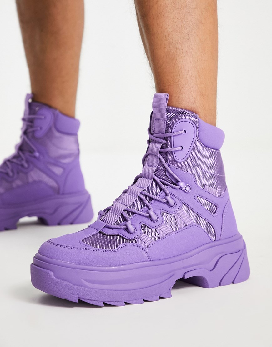 ASOS DESIGN chunky sole lace up boot in purple faux suede