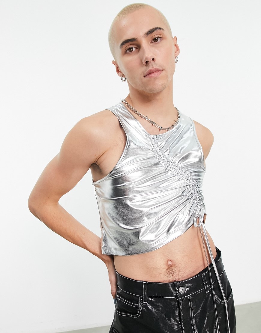 COLLUSION ruched detail vest in silver metallic.