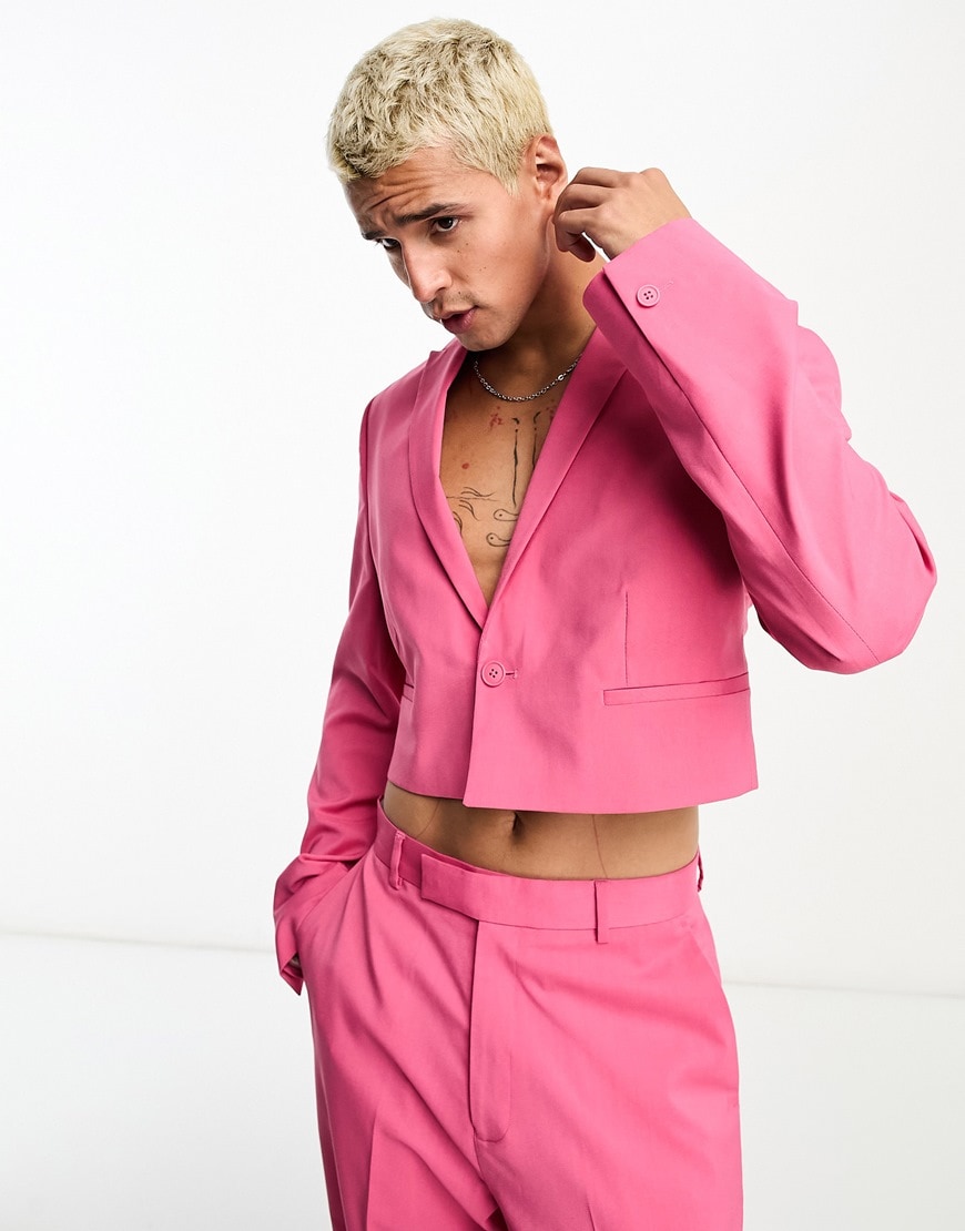 ASOS DESIGN cropped suit jacket in hot pink.