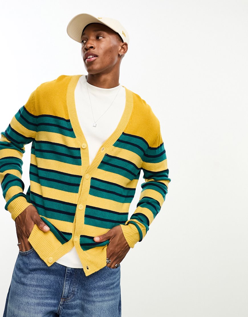 model wearing a striped cardigan