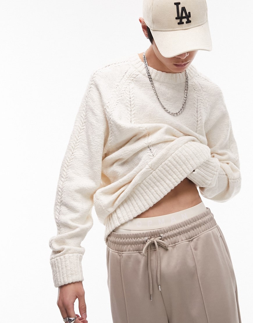 Topman neppy cable knit sweater in ecru