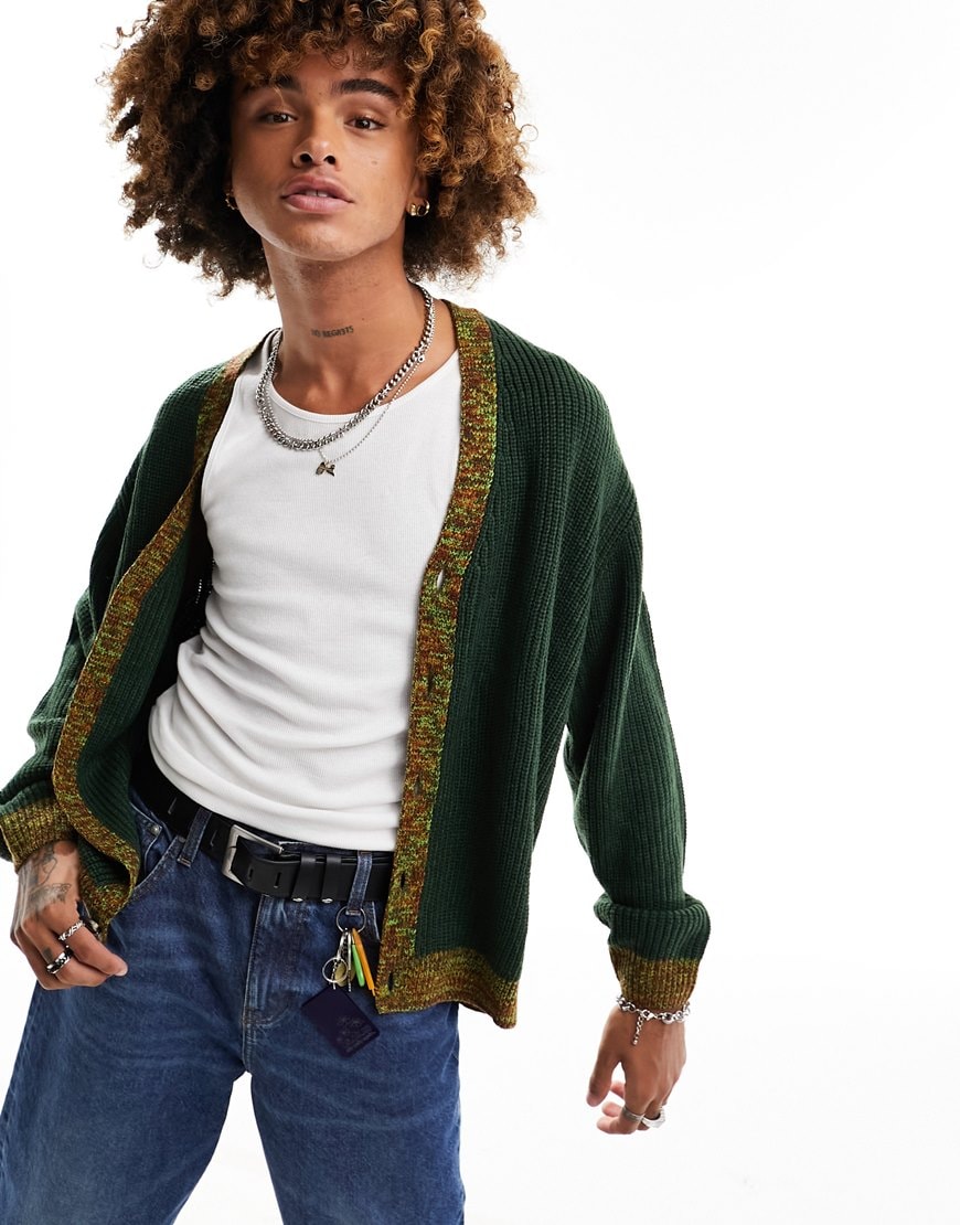 ASOS DESIGN oversized knit contrast trim fisherman ribbed cardigan in dark green