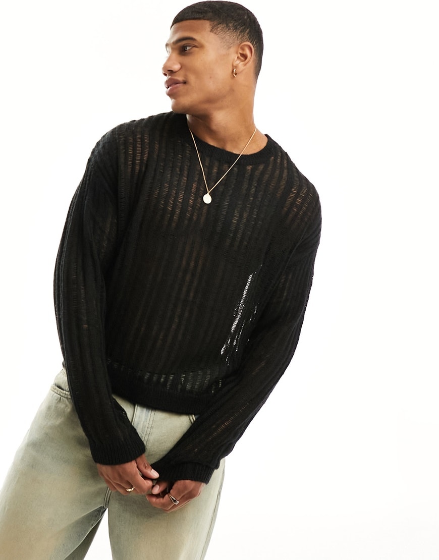 Bershka open knit sweater in black