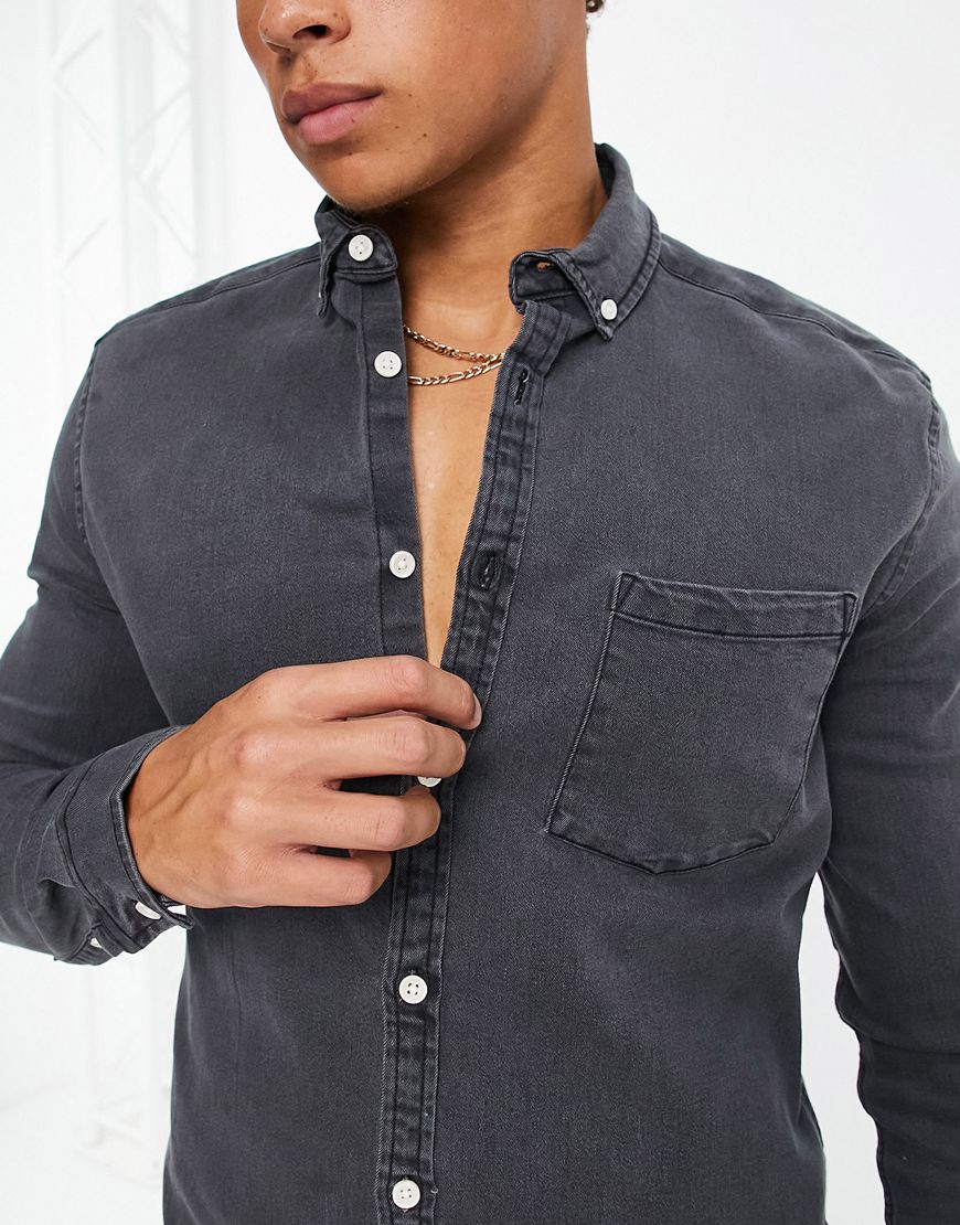 ASOS DESIGN stretch slim denim shirt in washed black |ASOS STYLE FEED