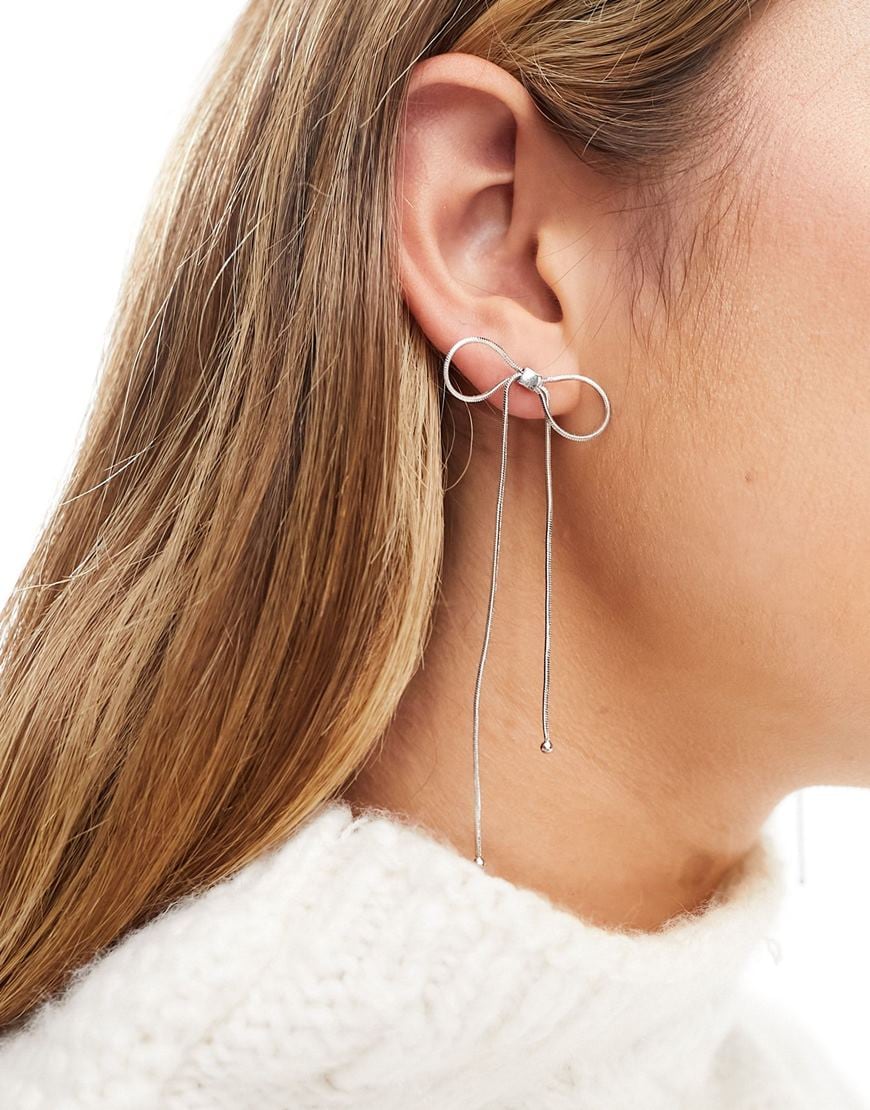 Pieces bow style drop earrings in silver | ASOS Style Feed
