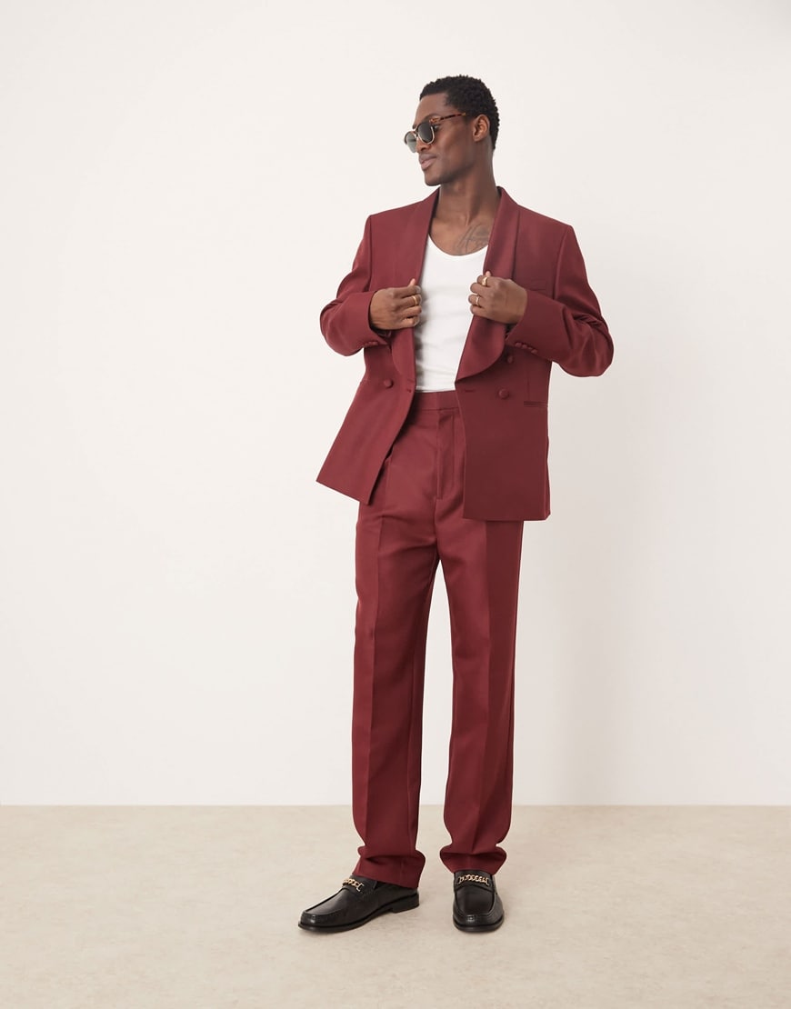 ASOS DESIGN slim shawl lapel suit jacket in burgundy satin | ASOS Style Feed