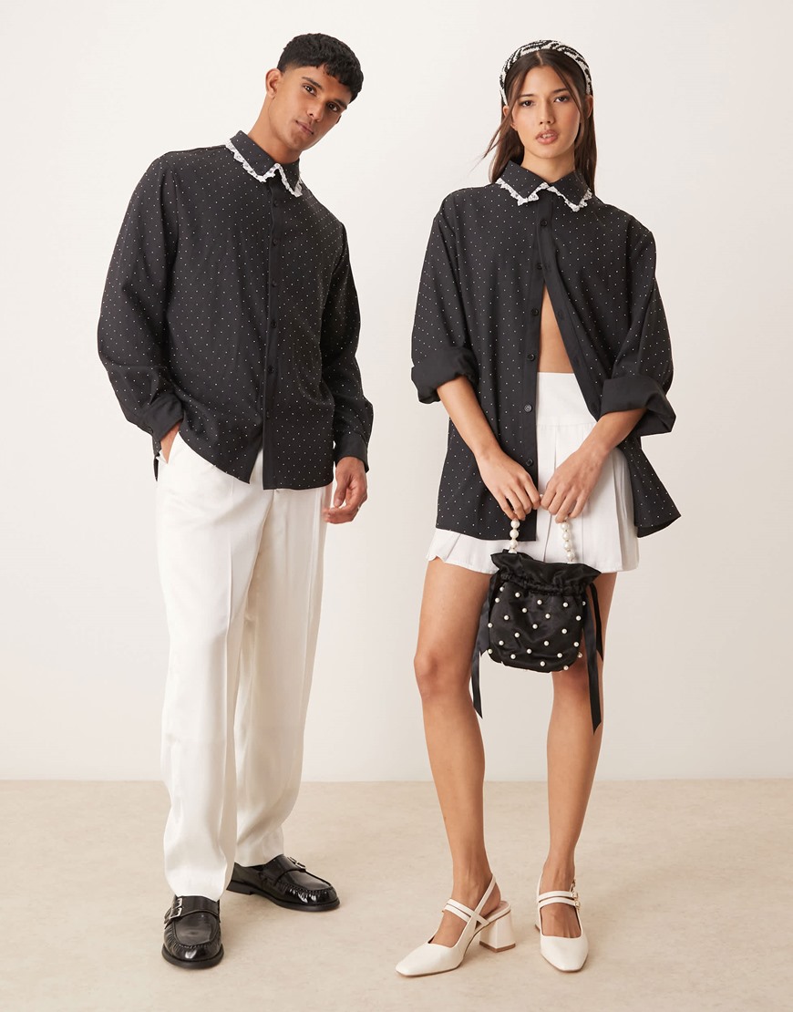 Sister Jane unisex lace trim metallic shirt in black | ASOS Style Feed