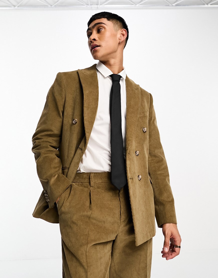 A model wearing a brown corduroy suit