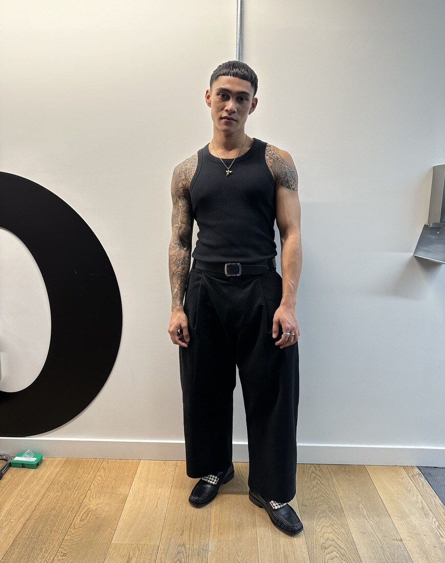 Harrison - Model. Black tank, gold chain, black loafers, black pants, black belt | ASOS Style Feed