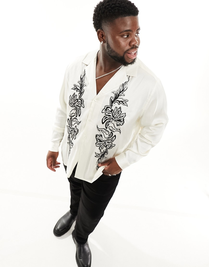 ASOS DESIGN relaxed satin shirt in cream with embroidery detail