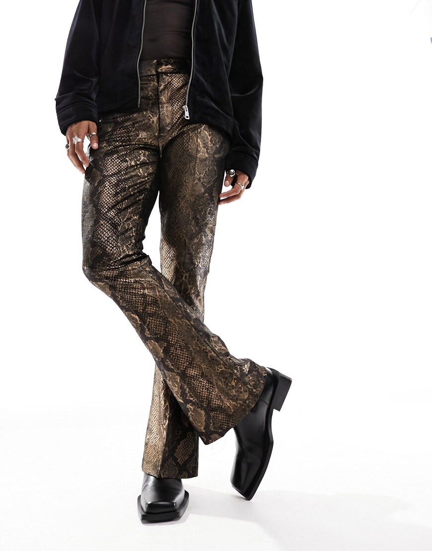 ASOS DESIGN smart flared trousers in bronze snake pattern