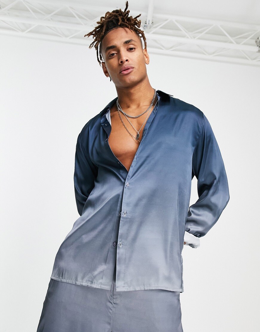 Reclaimed Vintage satin shirt co-ord in blue ombre