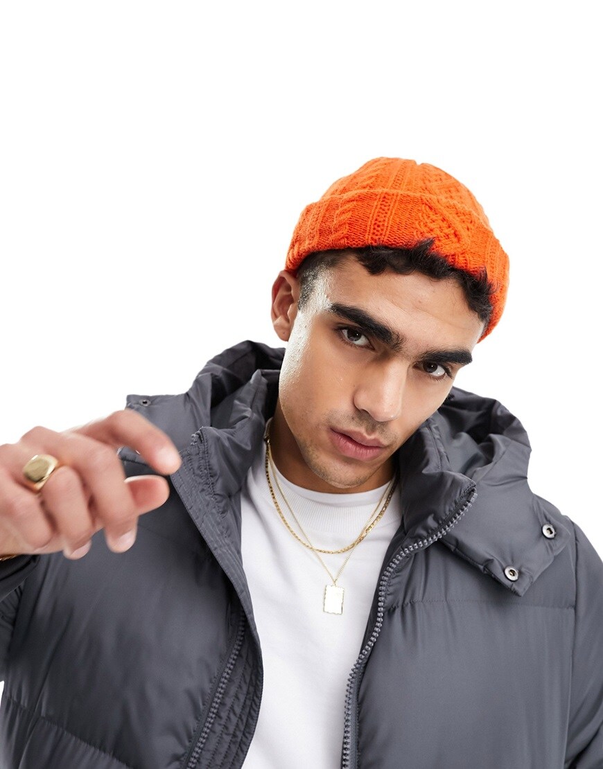 ASOS DESIGN lambs wool cable knit beanie in orange