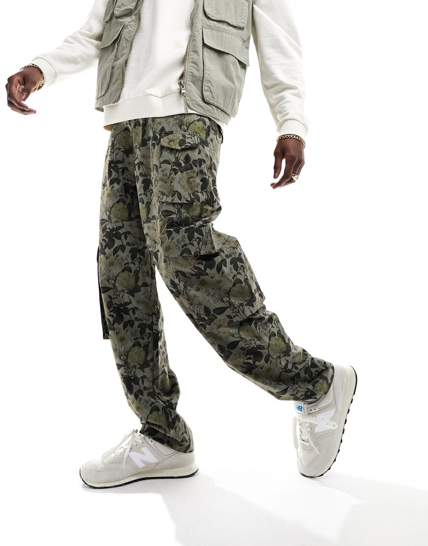 ASOS DESIGN baggy printed floral cargo trouser in sage