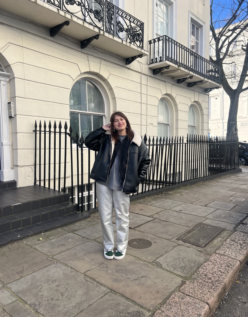 Charlotte Platt in black leather jacket and jeans | ASOS Style Feed
