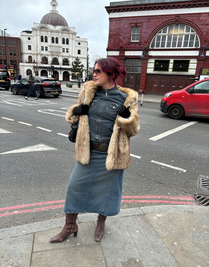 Caoimhe Ni Bhroin fur coat jeans dress |ASOS Style Feed