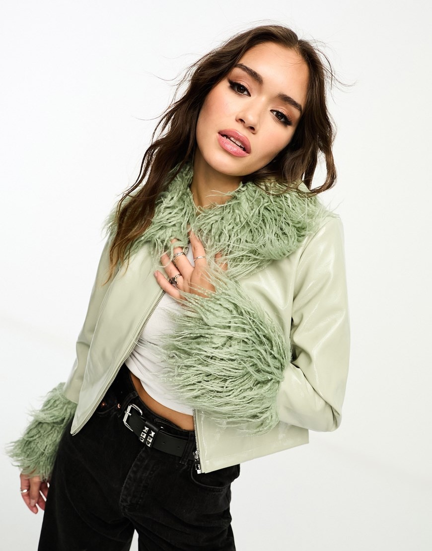 Only vinyl shaggy faux fur trim jacket in sage