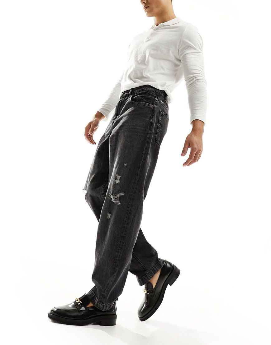 ASOS DESIGN baggy jeans with abrasions in vintage washed black