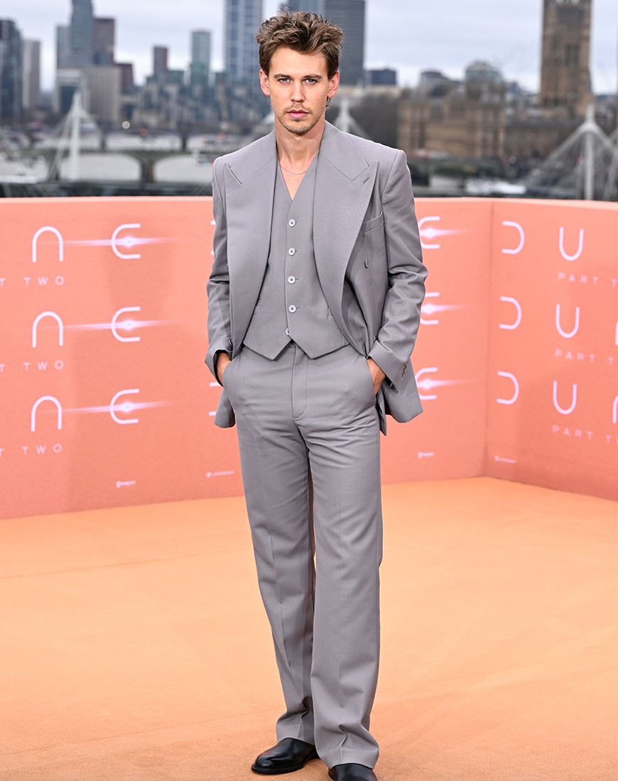 Austin Butler in a grey suit