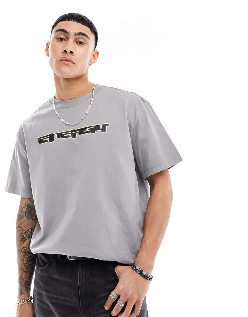 Weekday grey t-shirt with slogan in black