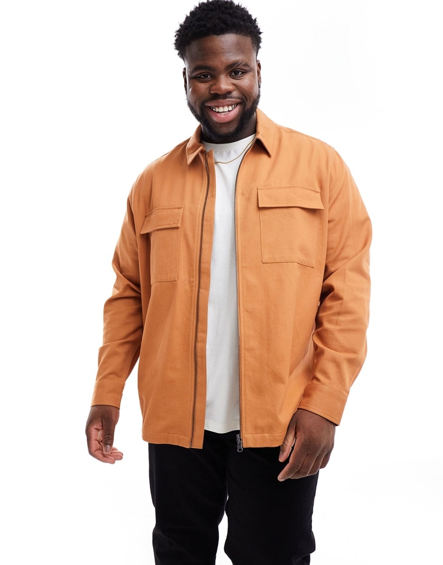 ASOS DESIGN twill zip through shacket in copper brown | ASOS Style Feeds