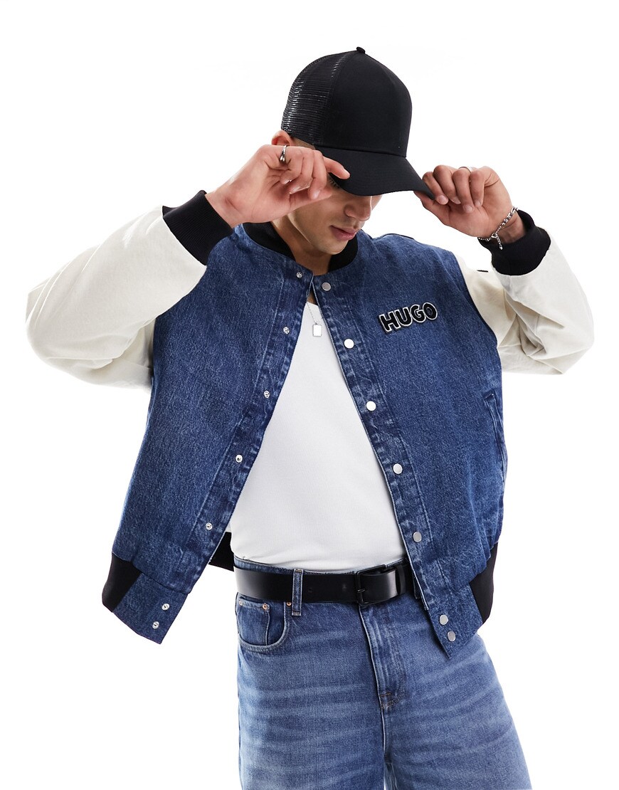 Man wearing Hugo Blue denim varsity jacket and hat| ASOS Style Feed