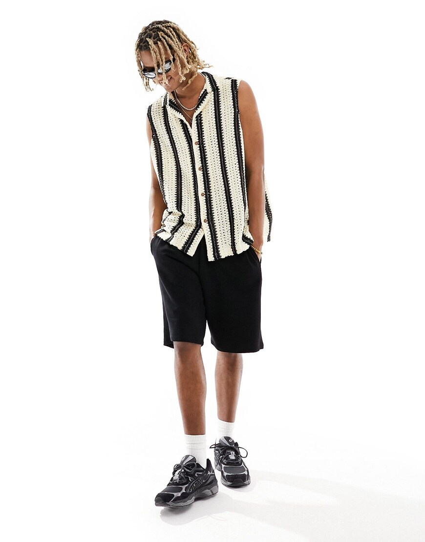 ASOS DESIGN relaxed revere sleeveless shirt in monochrome crochet stripe