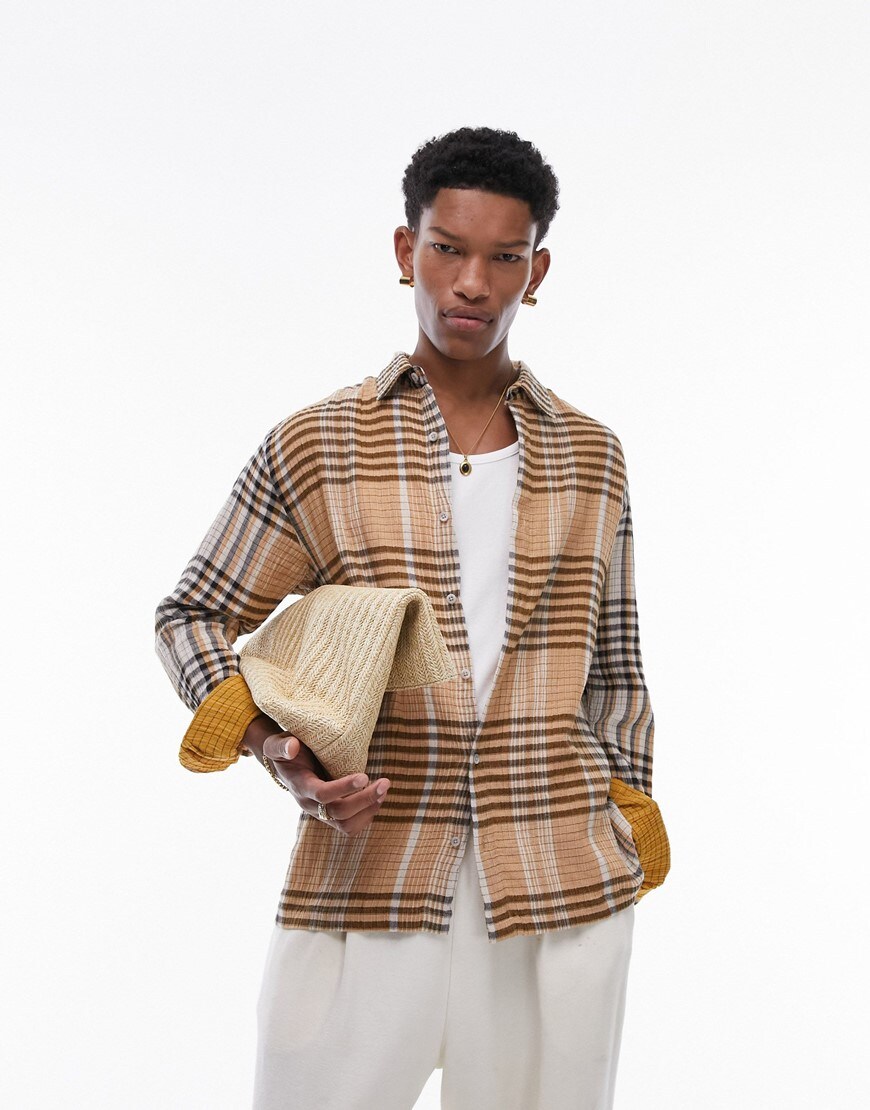 Topman long sleeve relaxed textured plaid shirt
