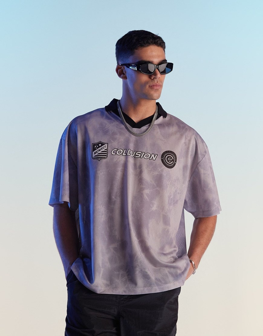 COLLUSION Unisex football t-shirt in purple print skater fit