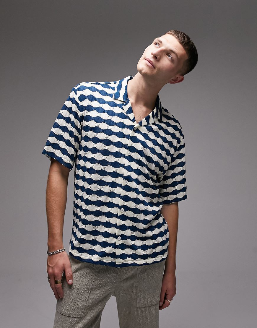 Man looking up wearing Topman striped blue-and-white crochet short-sleeve shirt