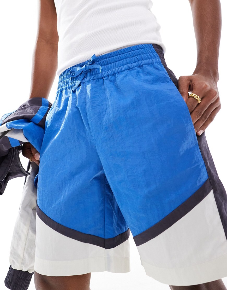ASOS DESIGN Co-ord wide fit nylon shorts in longer length with contrast panels and elasticated waist | ASOS Style Feed