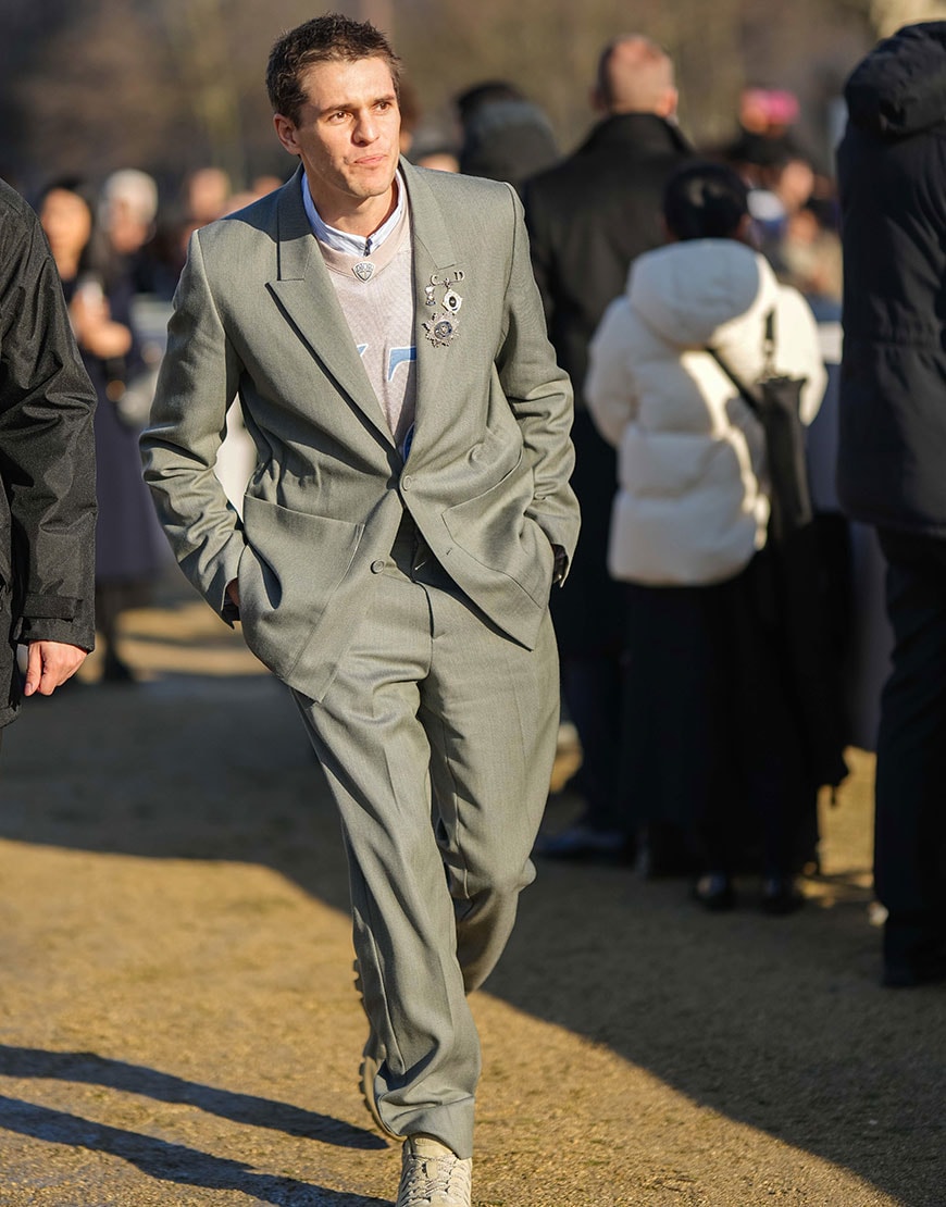 Smart sage-green look from fashion week street style