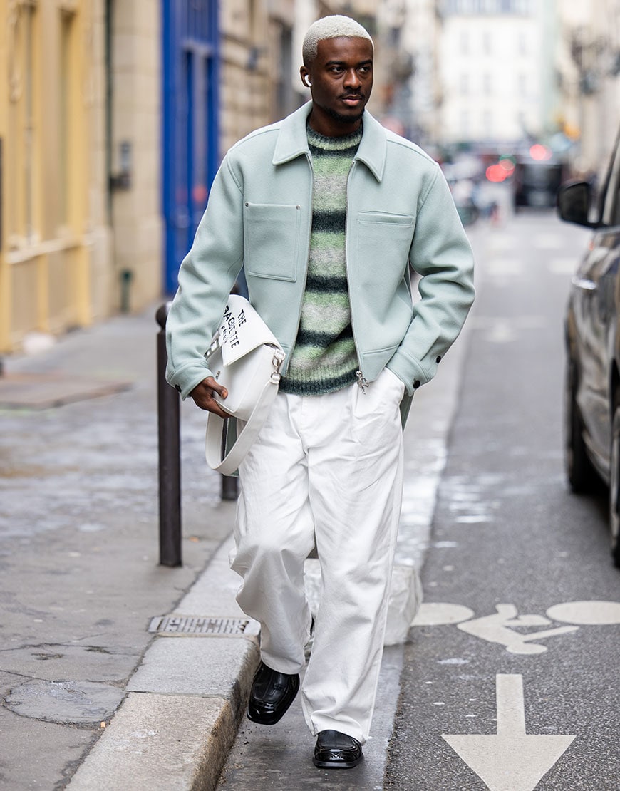 Casual sage-green look from fashion week street style