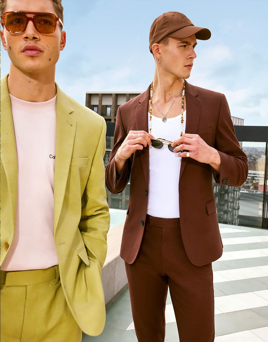 Model wearing green suit and model wearing brown suit | ASOS Style Feed